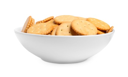 Tasty crackers in bowl isolated on white