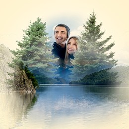 Image of Double exposure of happy couple and natural scenery