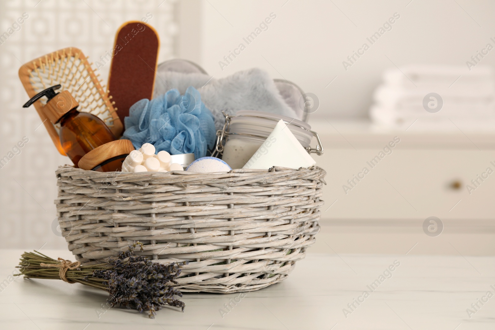 Photo of Spa gift set with different products on table indoors