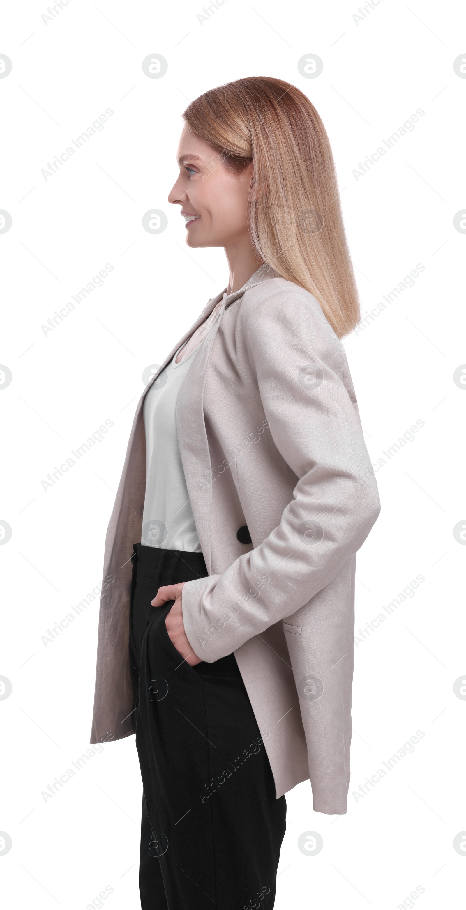 Photo of Portrait of beautiful happy businesswoman on white background