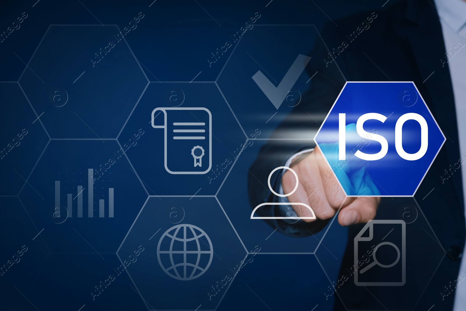 Image of Businessman pointing at virtual icon with text ISO on dark background, closeup 