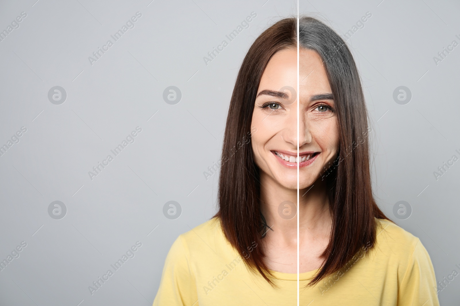 Image of Changes in appearance during aging. Portrait of woman divided in half to show her in younger and older ages. Collage design on light grey background