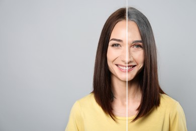 Changes in appearance during aging. Portrait of woman divided in half to show her in younger and older ages. Collage design on light grey background
