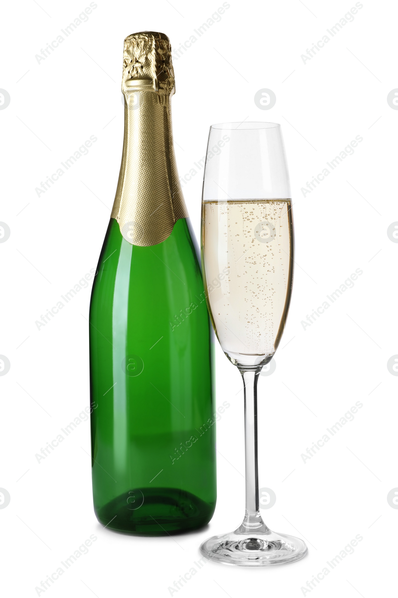 Photo of Bottle and glass with champagne on white background. Festive drink