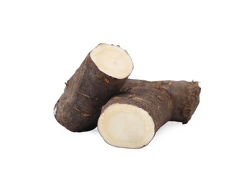 Photo of Cut raw salsify roots on white background