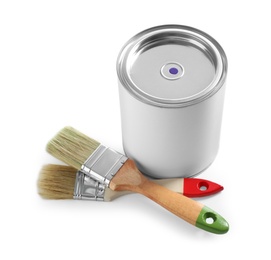Photo of Closed blank can of paint with brushes isolated on white