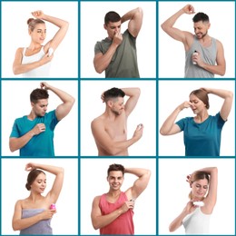 Image of Collage with photos of people applying deodorants to armpits and with sweat stains on clothes against white background