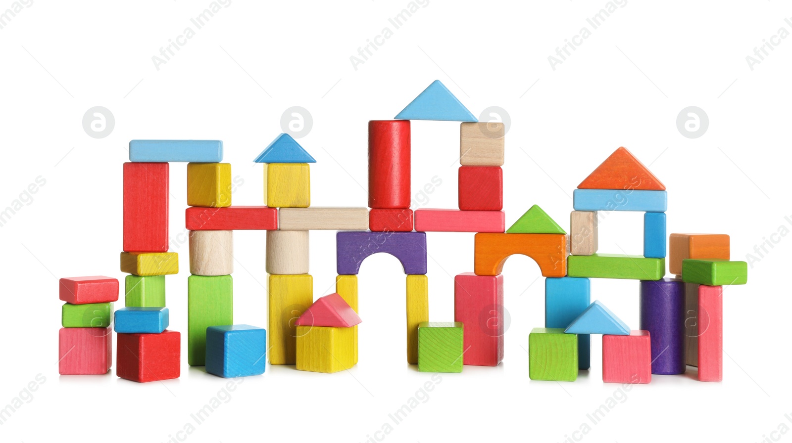 Photo of Building made of colorful wooden blocks on white background