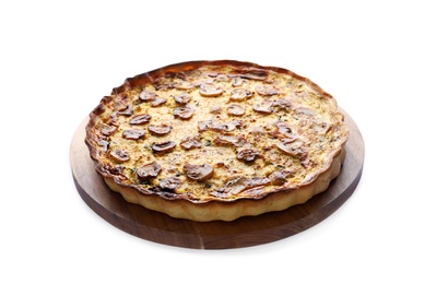 Photo of Delicious homemade mushroom pie on white background
