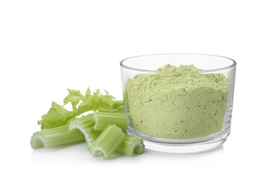 Photo of Bowl of celery powder and fresh cut stalk isolated on white