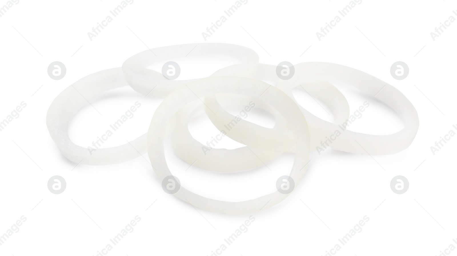 Photo of Fresh ripe onion rings on white background