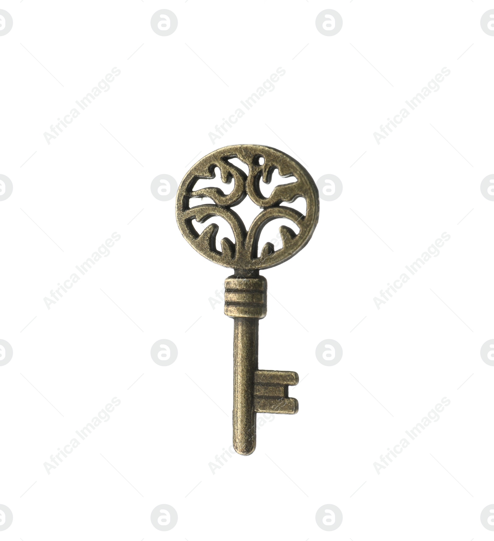 Photo of Bronze vintage ornate key on white background