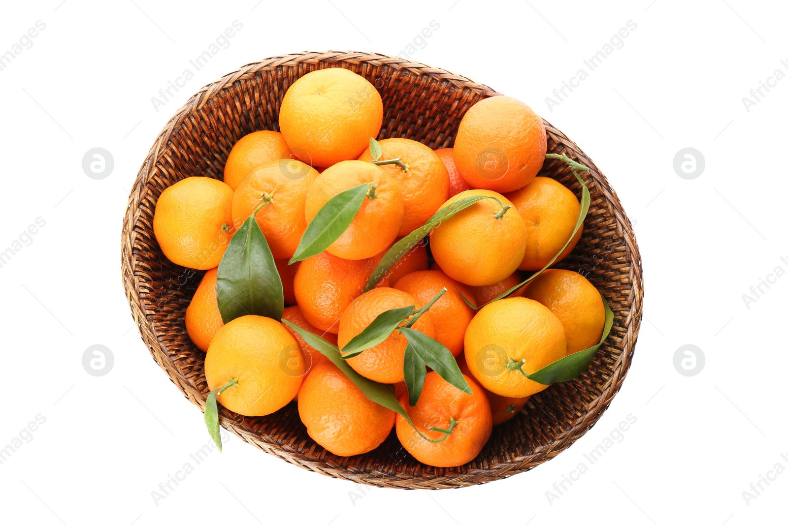Photo of Fresh tangerines in wicker bowl on white background, top view