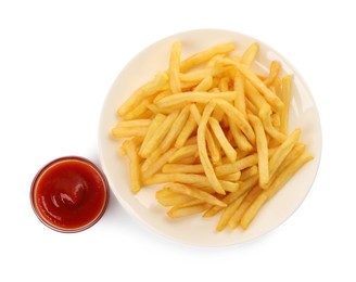 Photo of Tasty french fries with ketchup on white background, top view