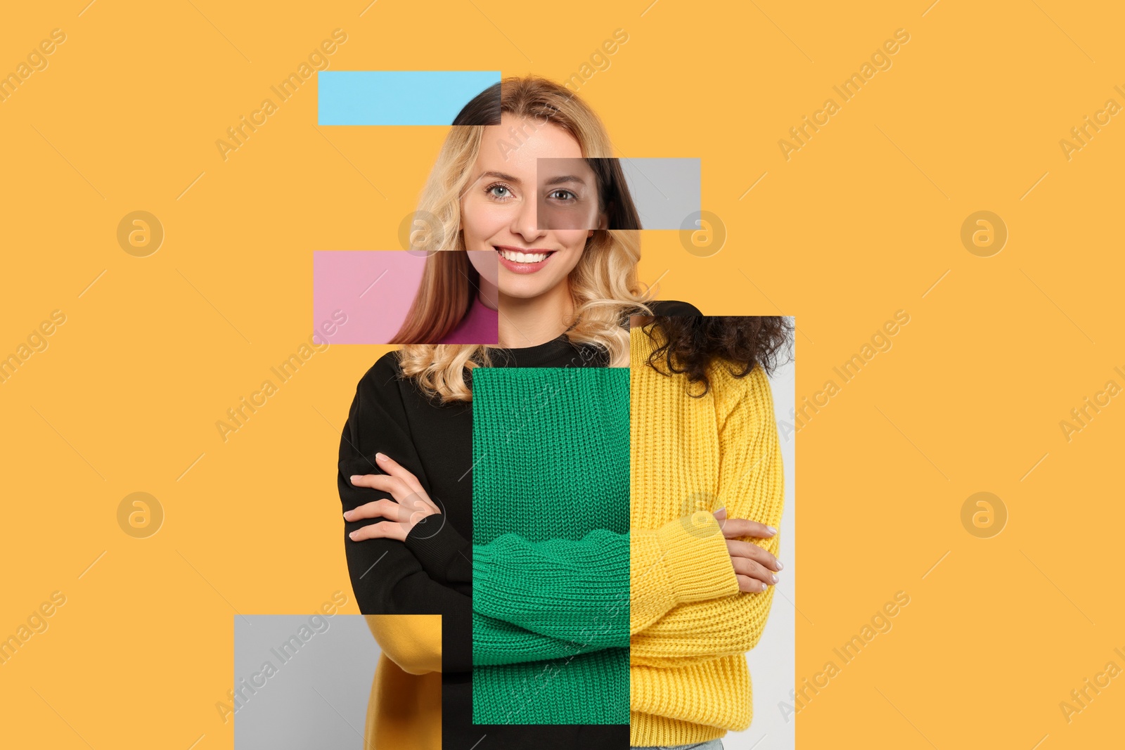 Image of Combined portrait of woman on golden background. Collage with parts of different people's photos