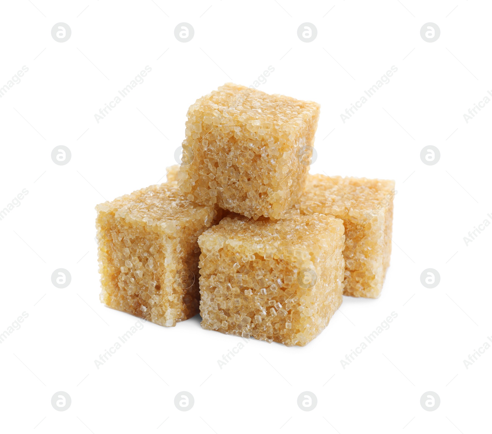 Photo of Many brown sugar cubes isolated on white