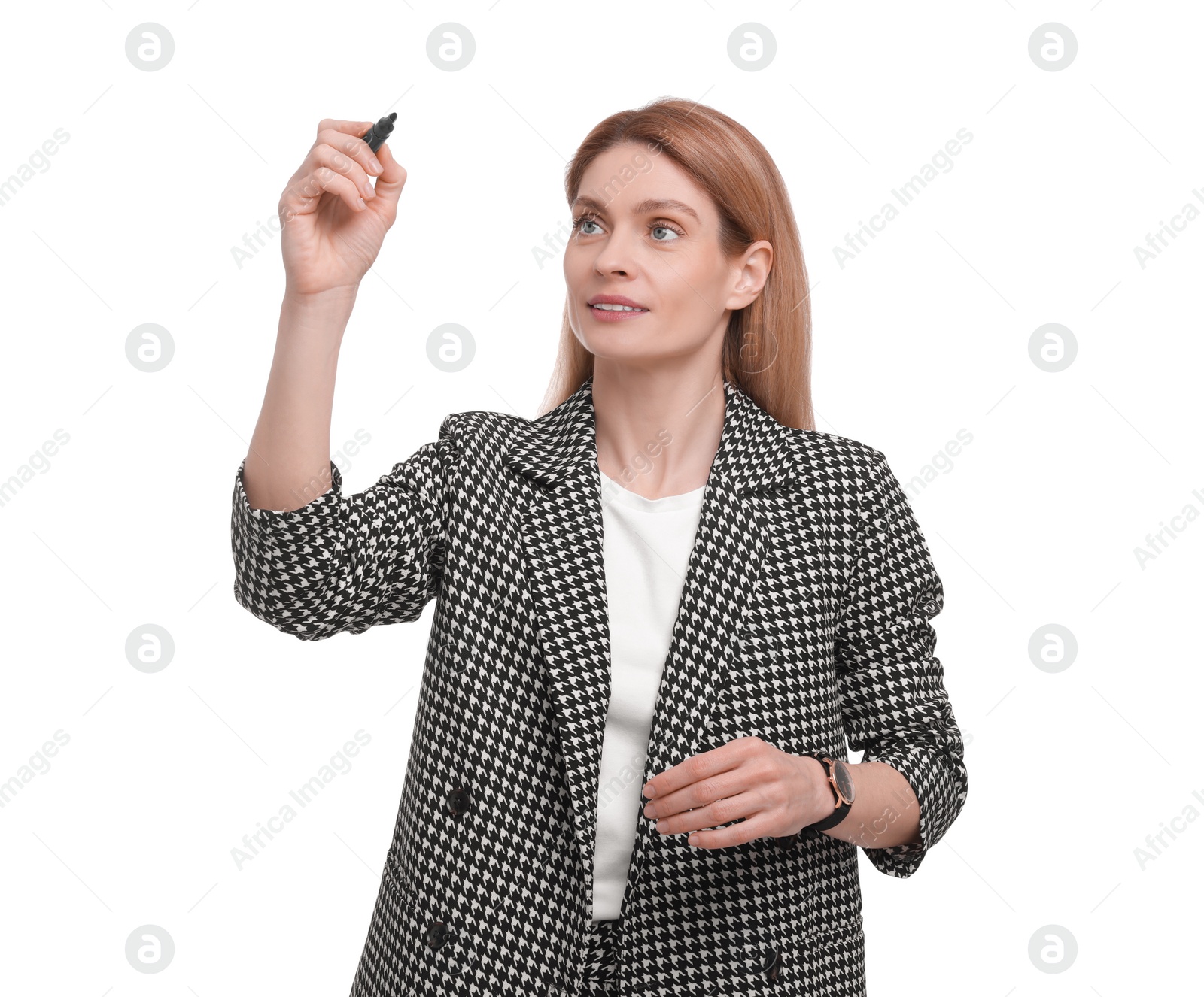 Photo of Beautiful businesswoman with marker on white background