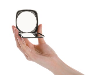 Photo of Woman holding stylish cosmetic pocket mirror on white background, closeup