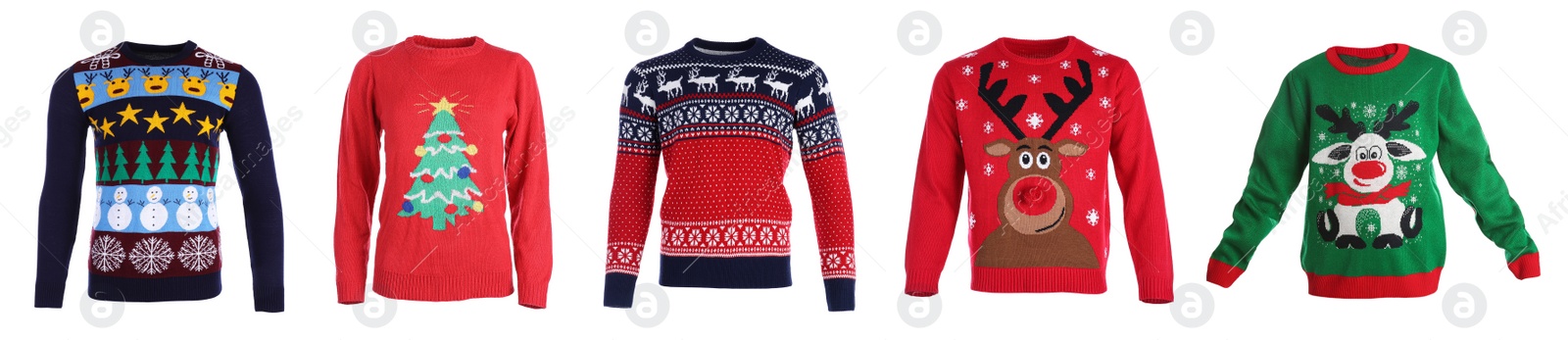 Image of Set of warm Christmas sweaters on white background. Banner design