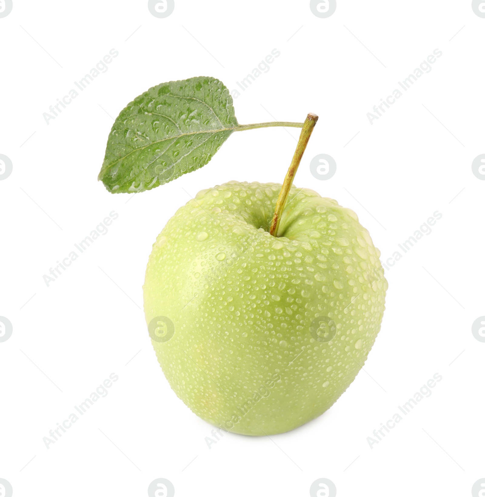 Photo of Wet ripe green apple with leaf isolated on white