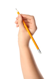 Photo of Woman holding pencil on white background, closeup