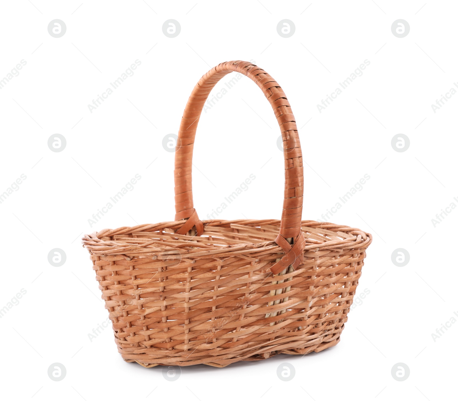 Photo of Empty decorative wicker basket isolated on white