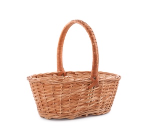Photo of Empty decorative wicker basket isolated on white