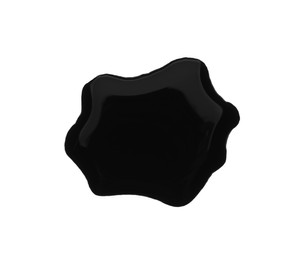 Blots of black liquid on white background, top view