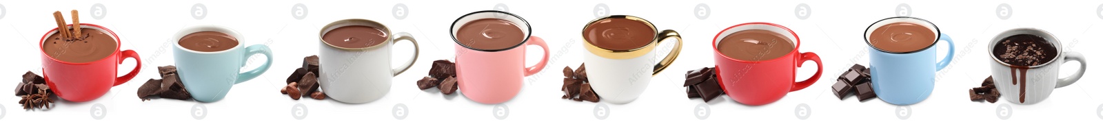 Image of Delicious hot chocolate in cups isolated on white, set