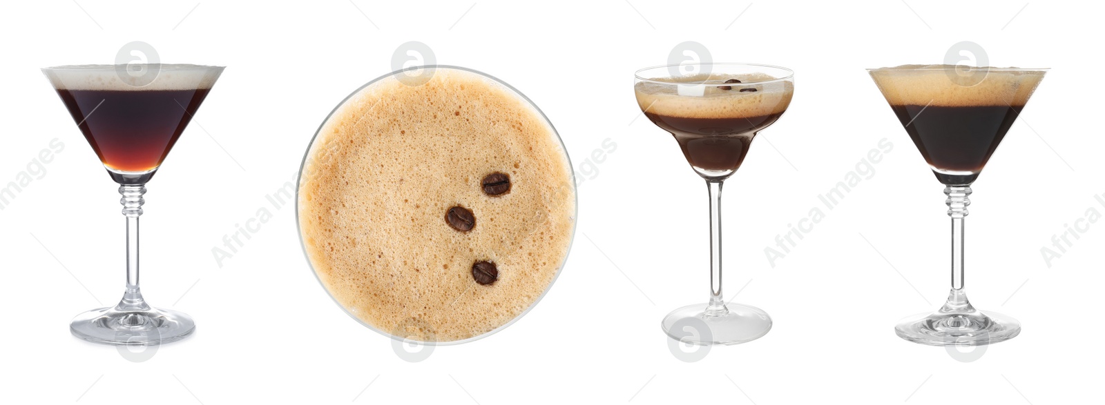 Image of Set with tasty Espresso Martini cocktails on white background, banner design 