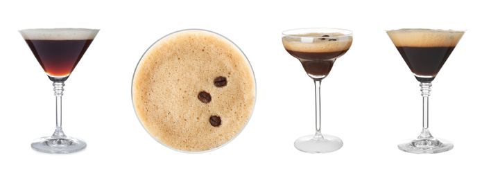 Image of Set with tasty Espresso Martini cocktails on white background, banner design 