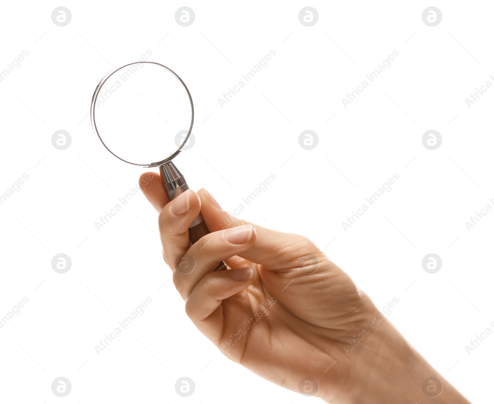 Photo of Woman holding magnifying glass on white background, closeup