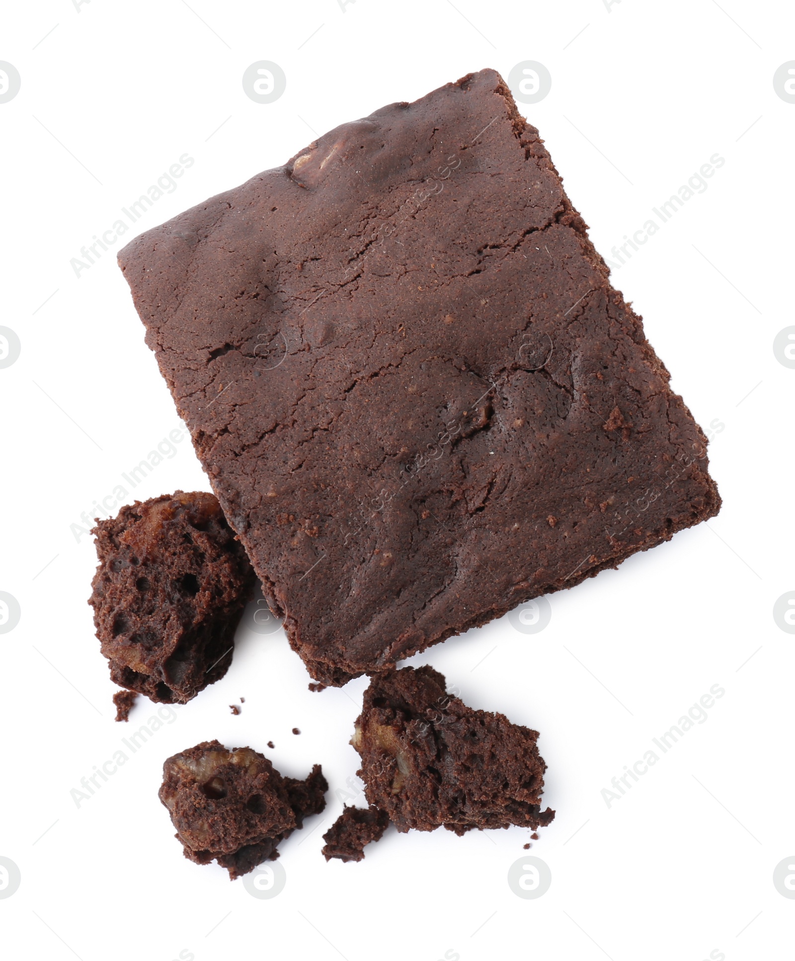 Photo of Delicious chocolate brownie with nuts on white background, top view