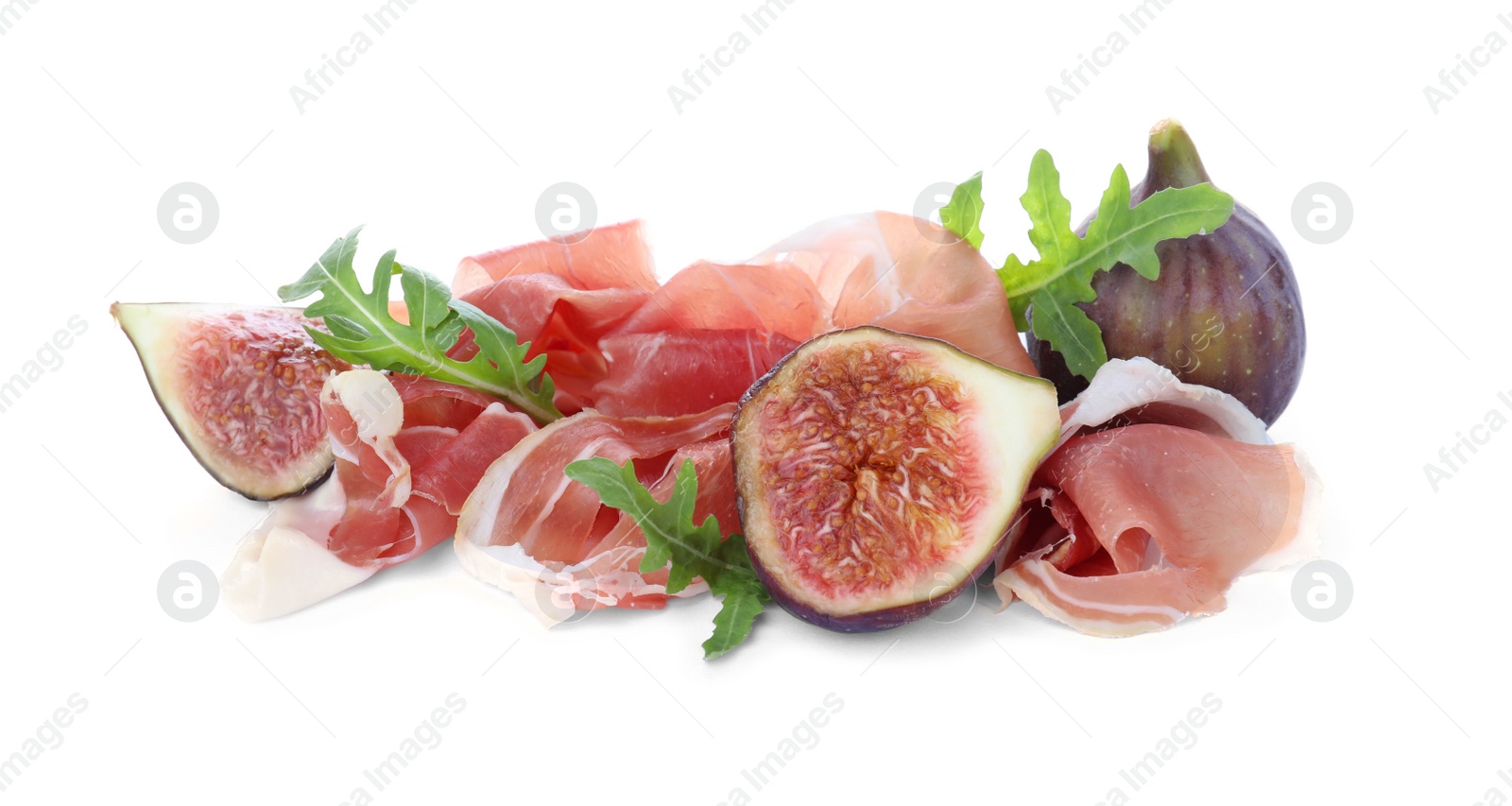 Photo of Delicious ripe figs, prosciutto and arugula on white background