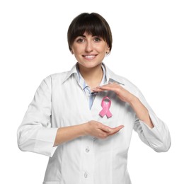 Photo of Mammologist with pink ribbon on white background. Breast cancer awareness