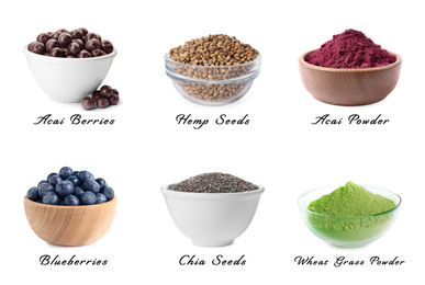 Set of different superfoods on white background
