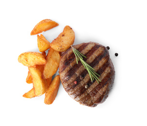 Photo of Delicious grilled beef medallion with fried potatoes isolated on white, top view