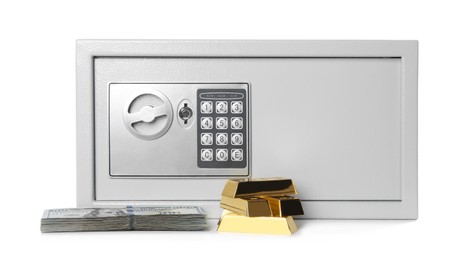 Steel safe with money and gold bars on white background