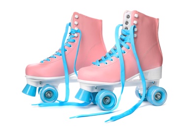 Photo of Pair of bright stylish roller skates on white background