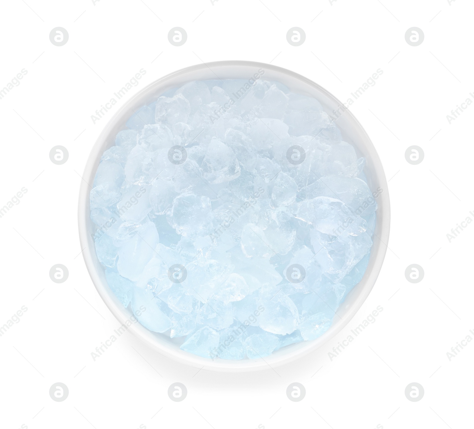 Photo of Crushed ice in bowl on white background, top view