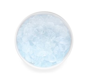 Photo of Crushed ice in bowl on white background, top view