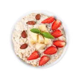 Photo of Tasty boiled oatmeal with strawberries, banana and almonds in bowl isolated on white, top view