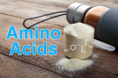 Measuring scoop of amino acids powder on wooden table 