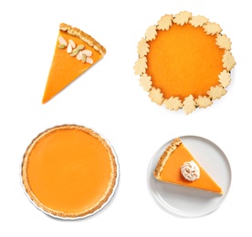 Set of tasty pumpkin pies on white background, top view