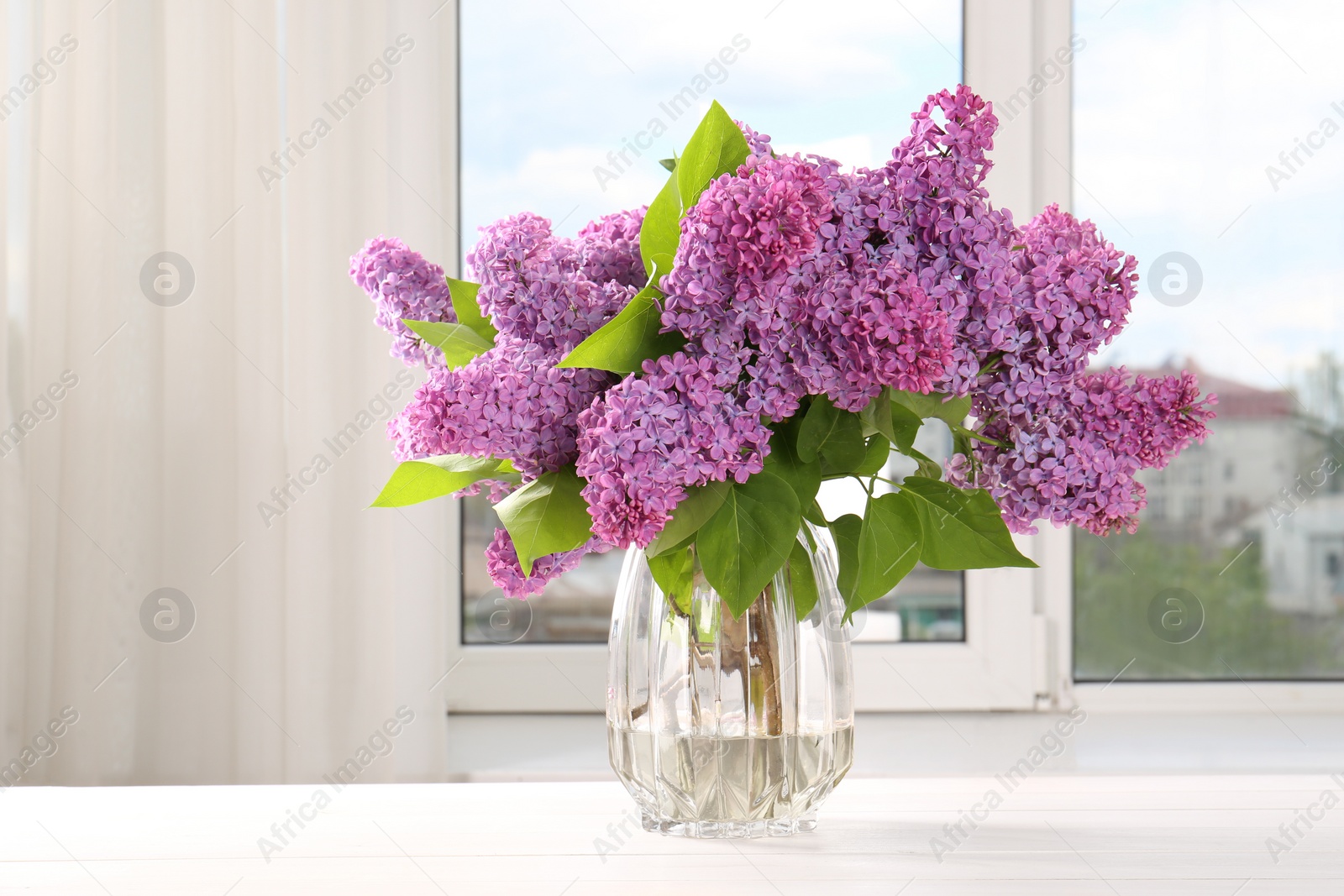 Photo of Beautiful lilac flowers in vase on white wooden table indoors