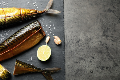 Photo of Tasty smoked fish on grey table, top view. Space for text