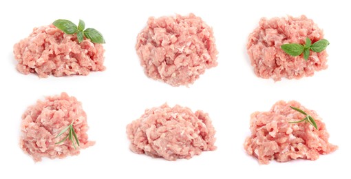 Image of Set with fresh raw chicken minced meat on white background 