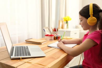 Little girl with headphones drawing on paper at online lesson indoors. Distance learning