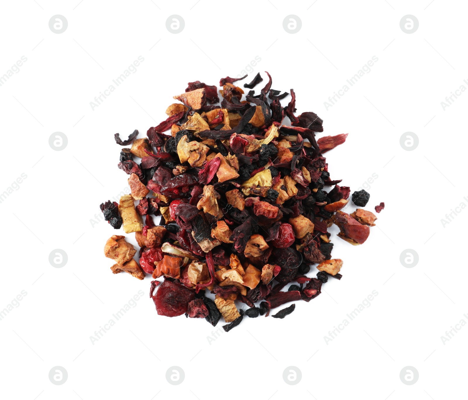 Photo of Pile of dried herbal tea leaves with fruits on white background, top view