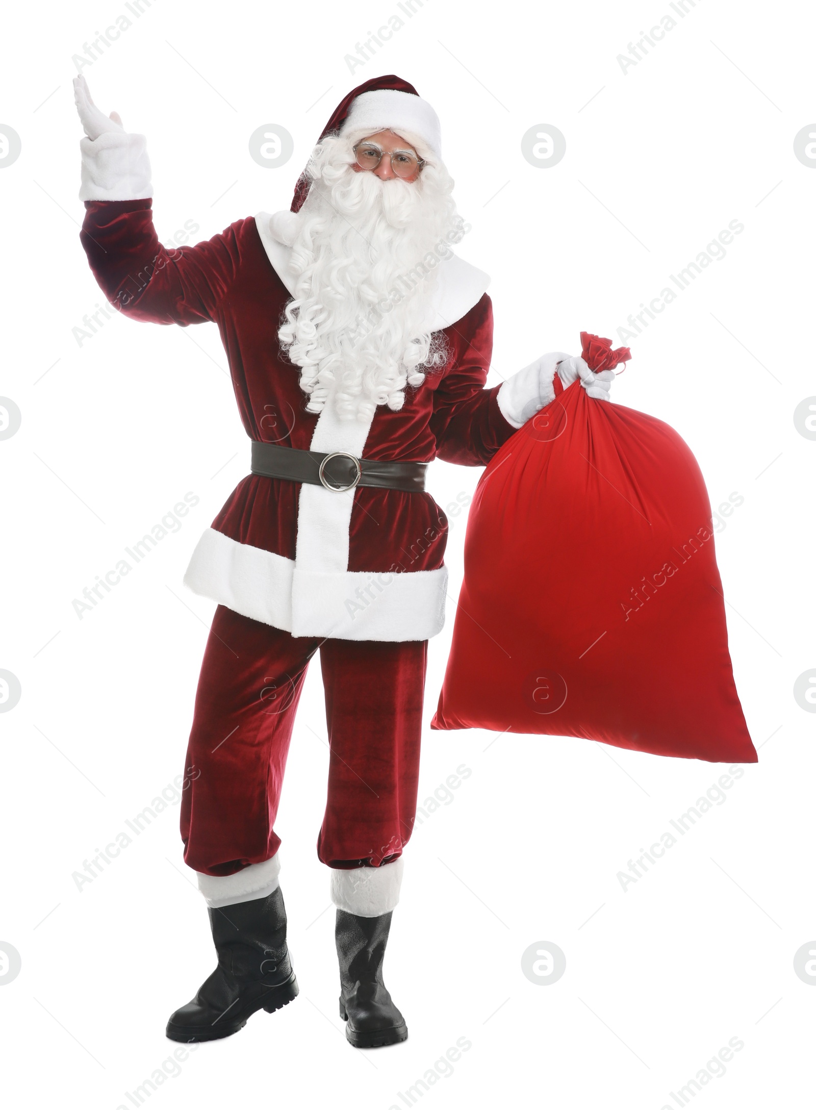 Photo of Santa Claus with sack on white background